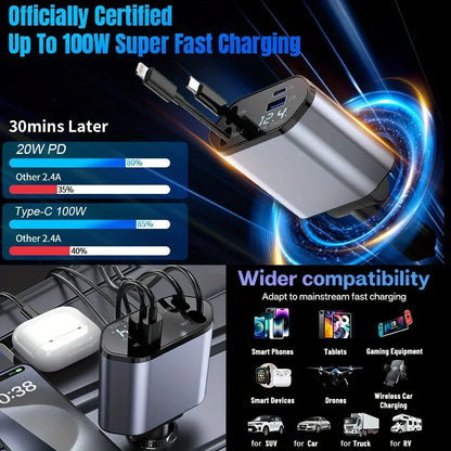 4-in-1 120W Retractable Car Charger